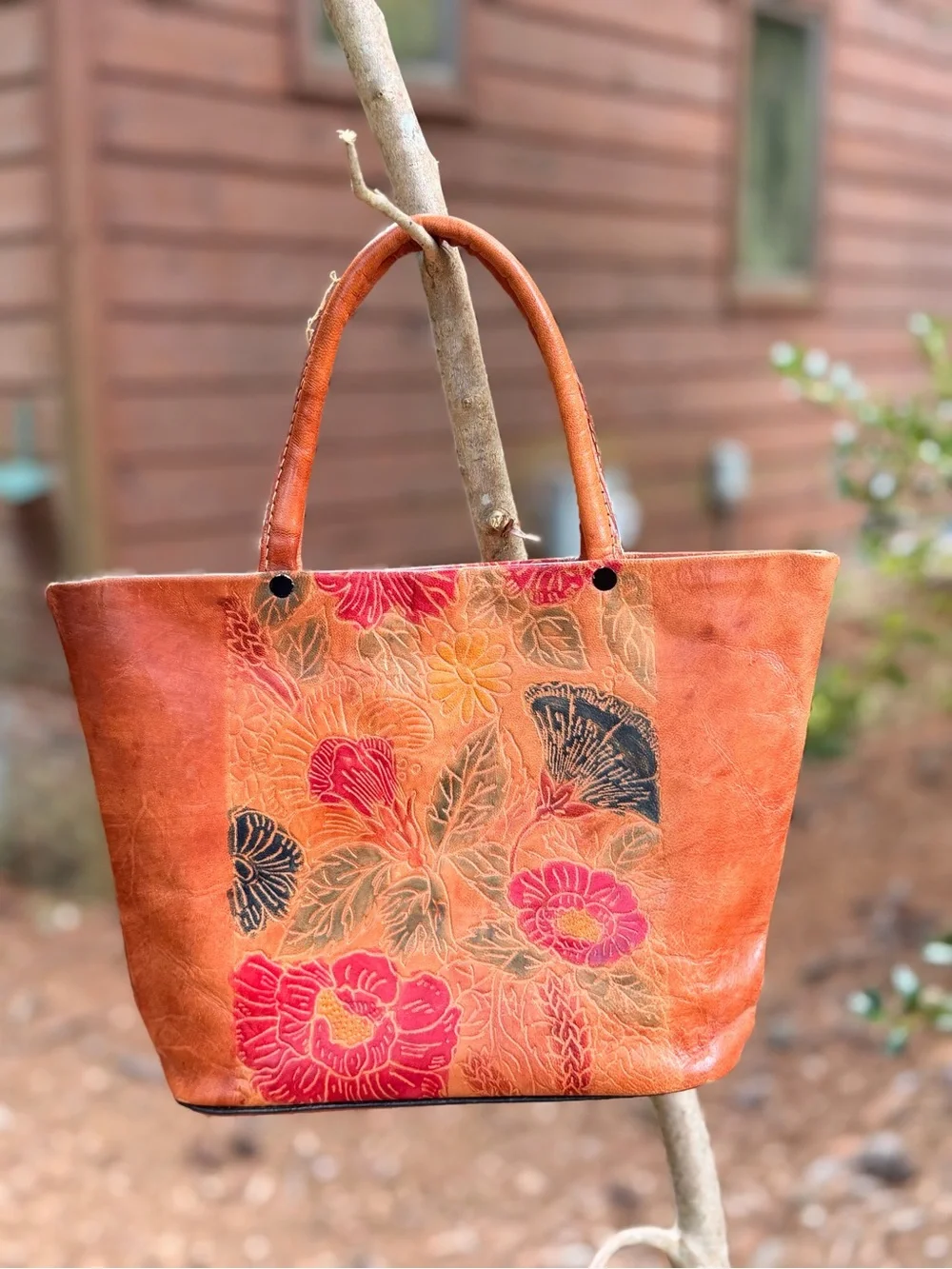 VTG Buffalo Leather Floral Saddle Bag Hand-tooled Hand-painted Red & Greens